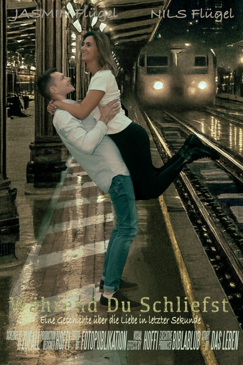 In Anlehnung an den Film während Du schliefst, entstand dies Filmplakat. Hier musste ich für den Bahnhof die KI bemühen. 